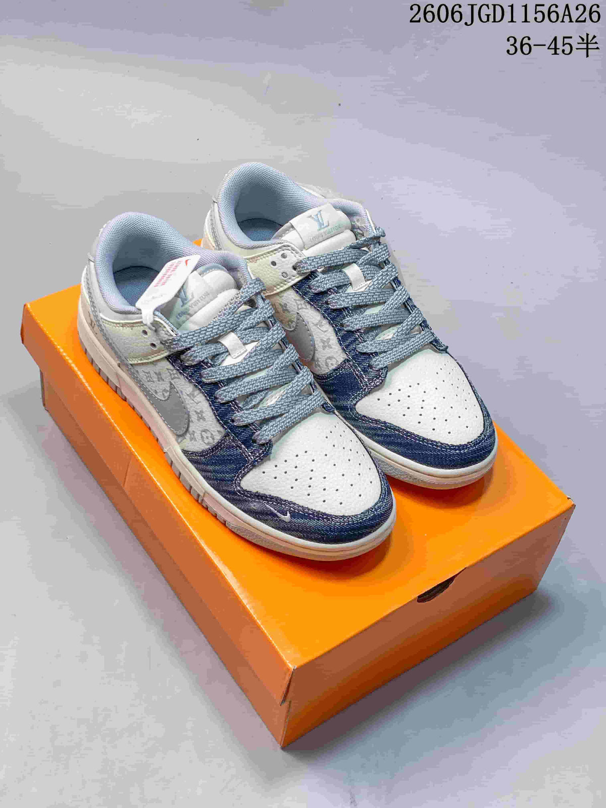 Nike Dunk Low Sneakers in White and Blue Monogram Style