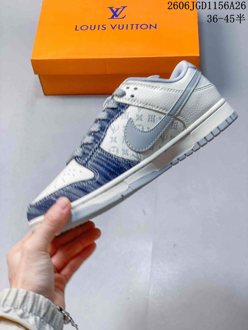 Nike Dunk Low LV-Style Sneakers in White and Denim Blue