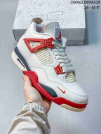 Jordan 4 Retro Mid Sneakers in White, Red and Grey