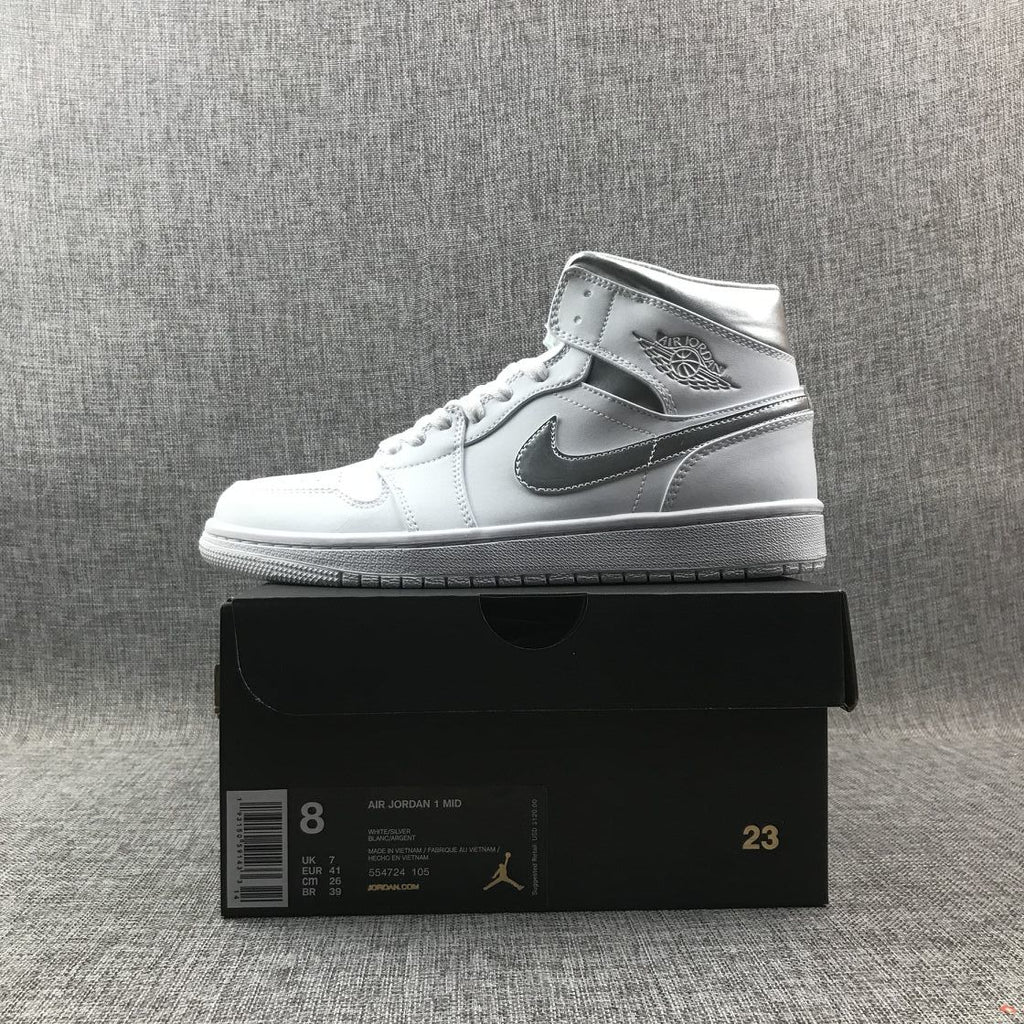 Air Jordan 1 Mid White Silver Sneakers 554724-105