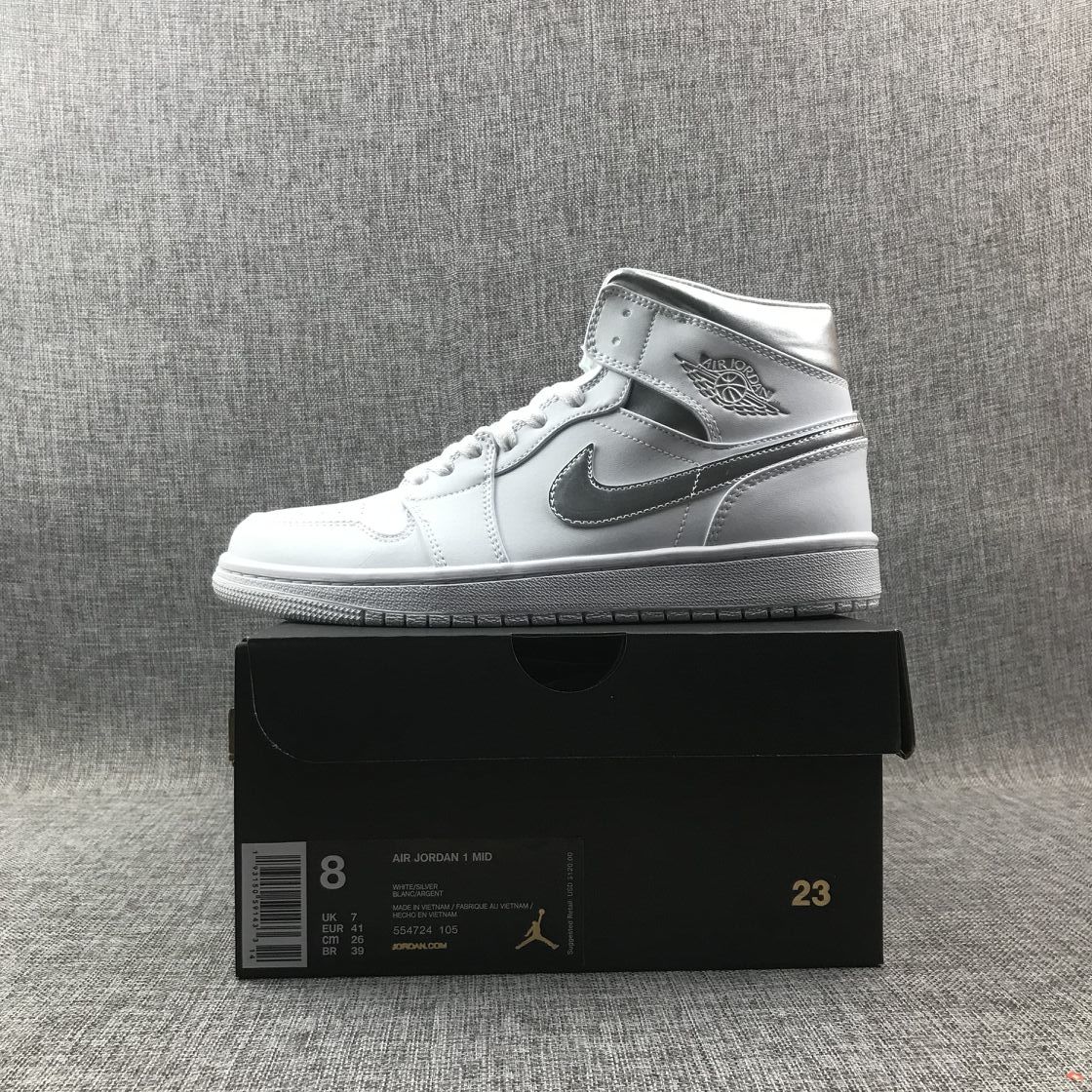 Air Jordan 1 Mid White Silver Sneakers 554724-105