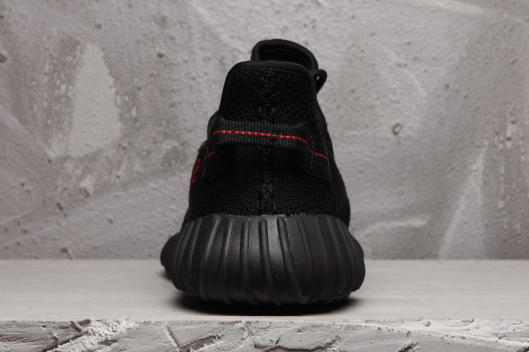 Yeezy Boost 350 V2 Black Knit Sneakers with Red Accents