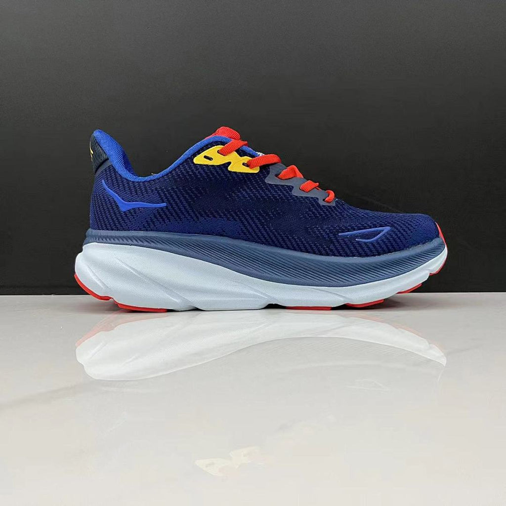 HOKA Clifton 9 Running Shoes in Navy, Red and Yellow