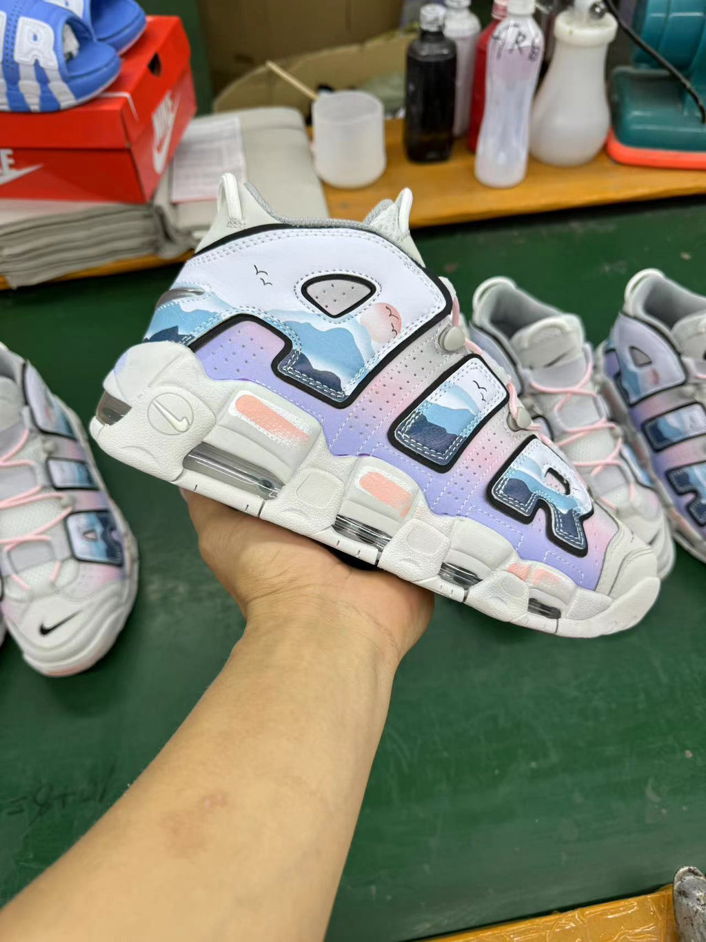 Nike Air More Uptempo Sunset Sneakers in Lavender and Blue
