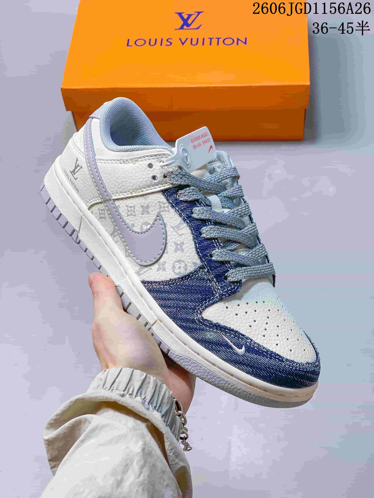 Nike Dunk Low Sneakers in White and Blue Monogram Style