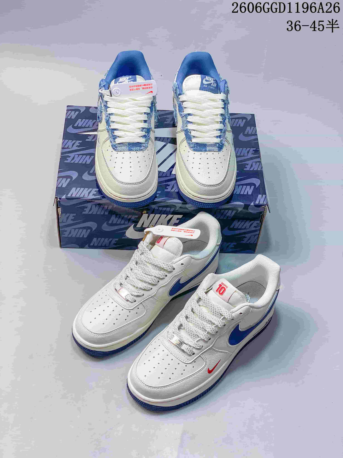 Nike Air Force 1 Low Frayed Denim Sneakers, White and Blue