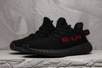 Yeezy Boost 350 V2 Black Knit Sneakers with Red Accents