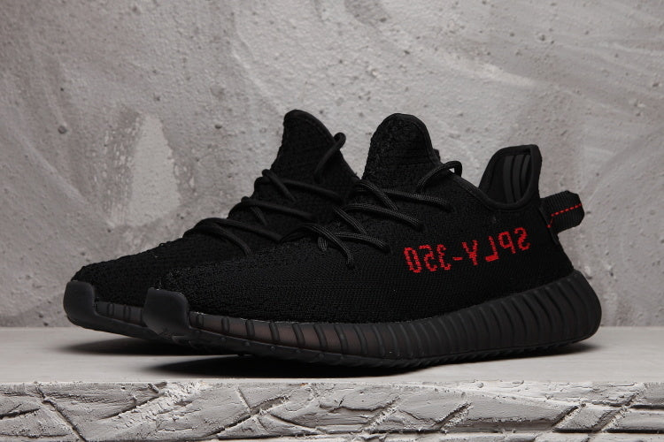 Yeezy Boost 350 V2 Black Knit Sneakers with Red Accents
