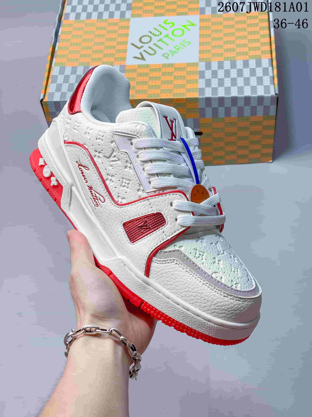 Louis Vuitton Trainer Low-Top Sneakers, White and Red