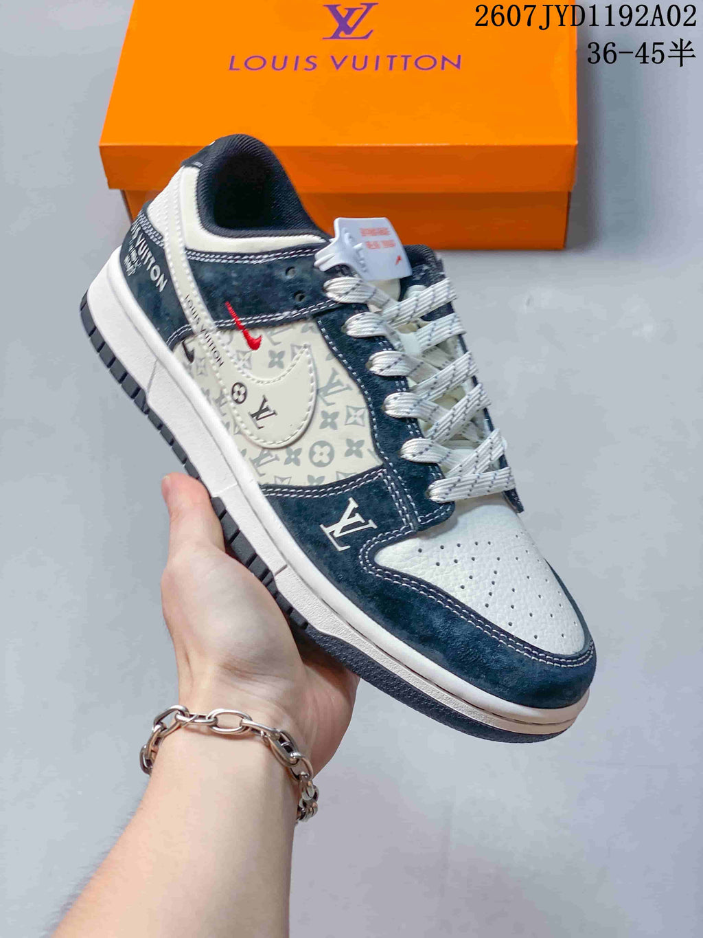Nike SB Dunk Low LV Monogram Sneakers, White and Navy