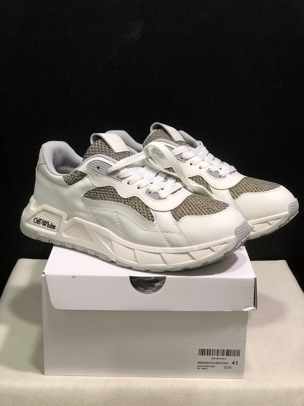 Off-White White and Grey Leather Low-Top Sneakers