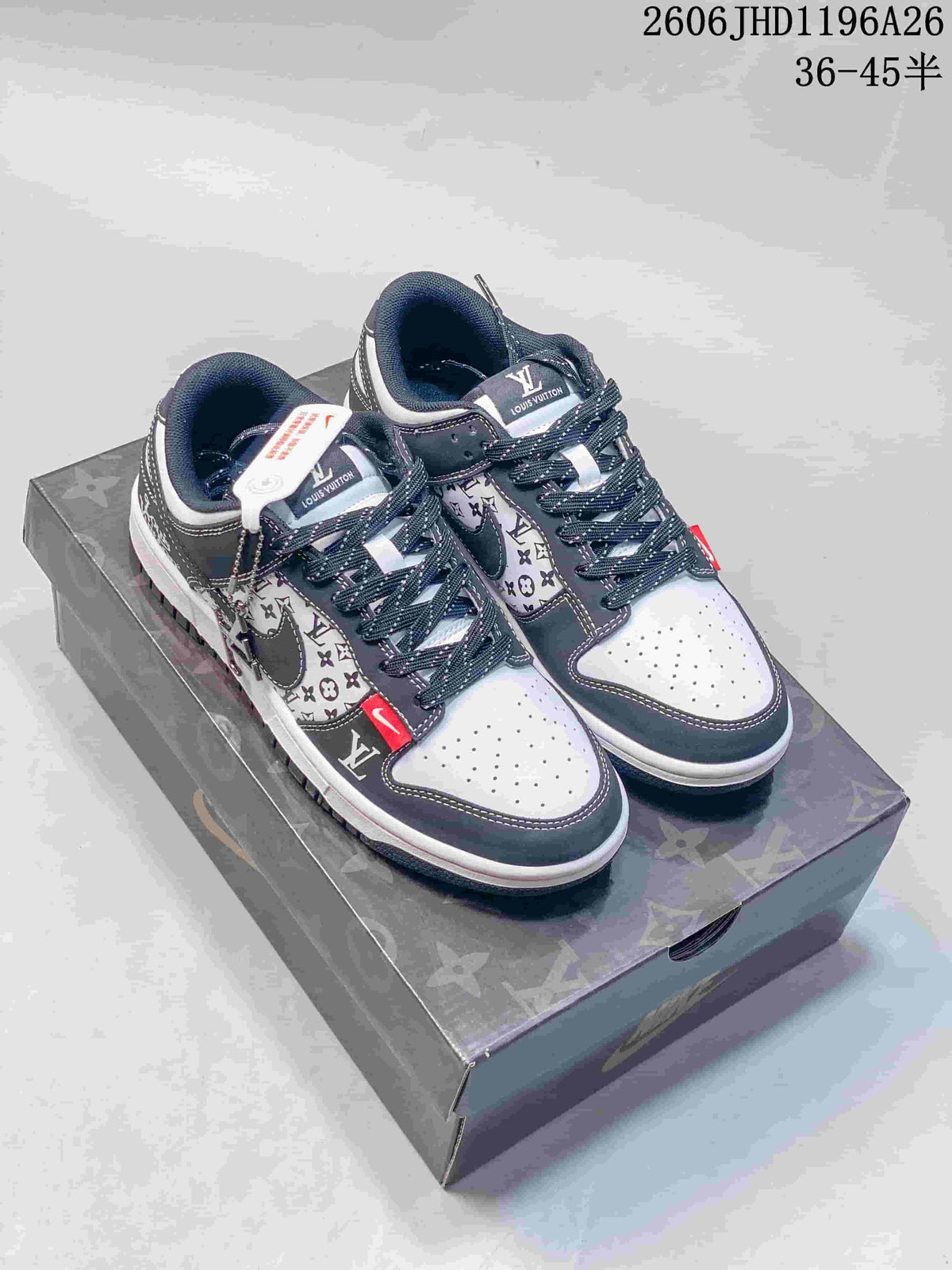 Nike SB Dunk Low LV-Print Low-Top Sneakers, Gray and White