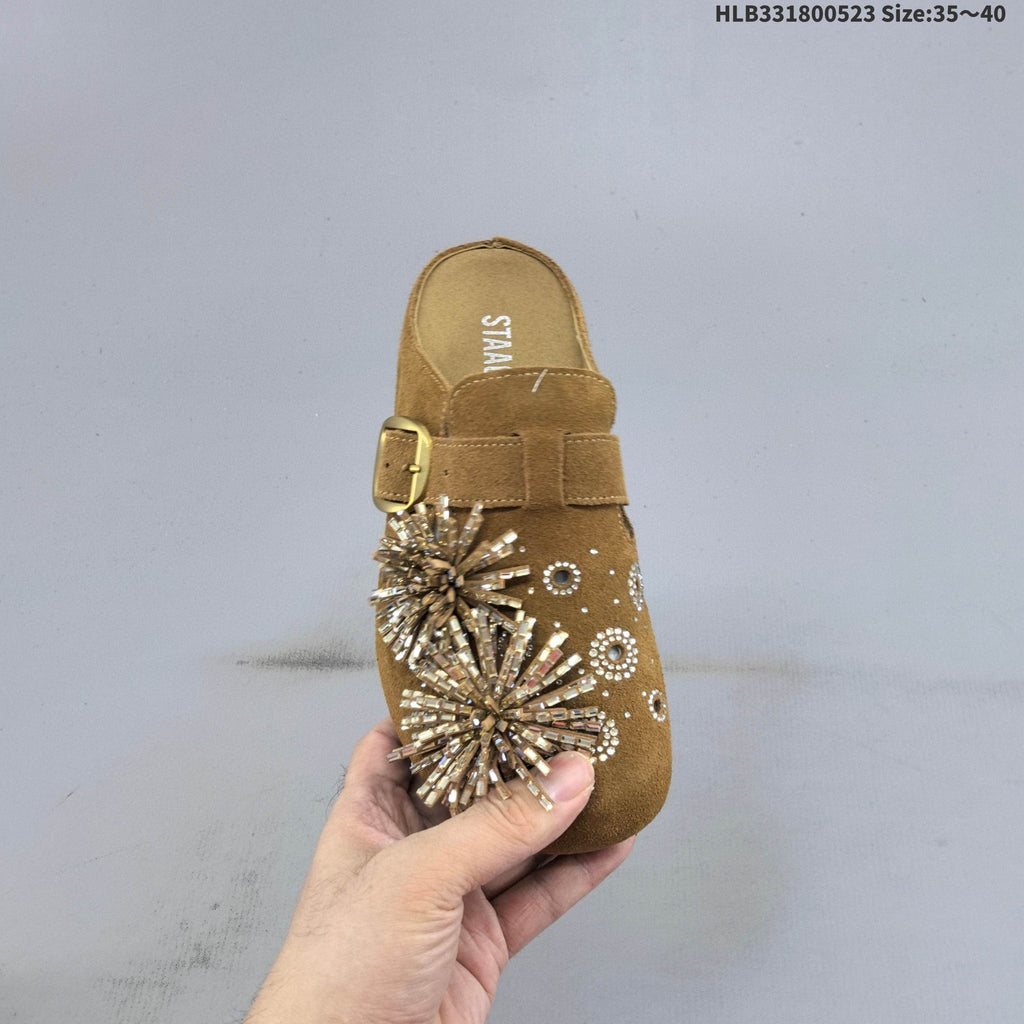 Brown Embellished Backless Slip-On Clogs with Buckle