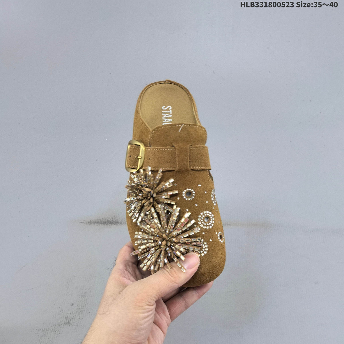 Brown Embellished Backless Slip-On Clogs with Buckle