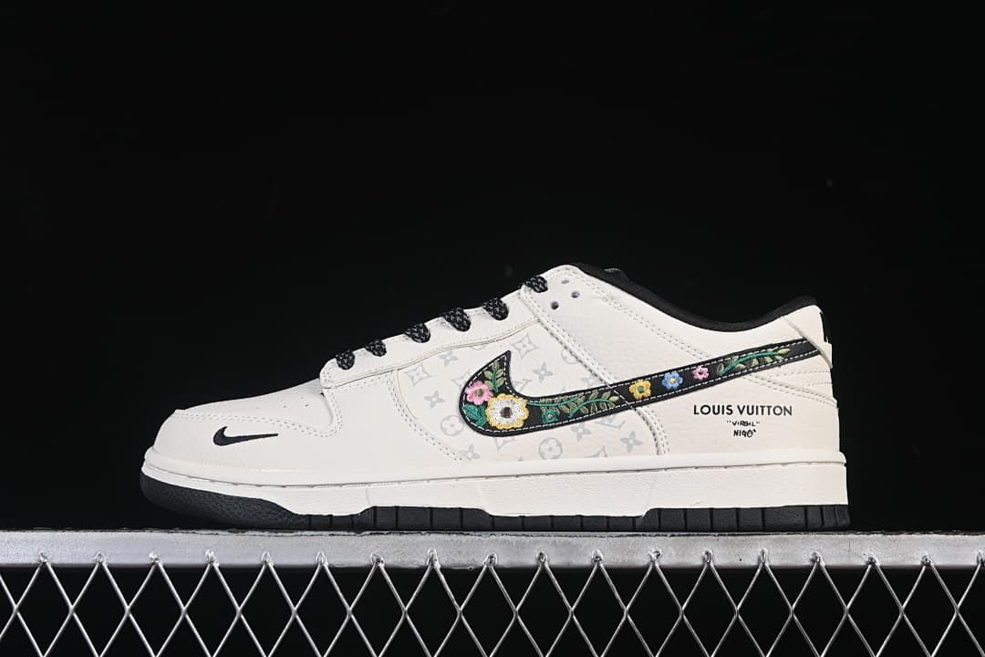 Nike SB Dunk Low Cream and Black Floral Embroidered Sneakers
