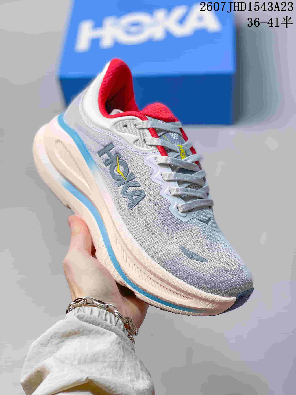 HOKA Bondi 9 Running Shoes Grey White Red Blue