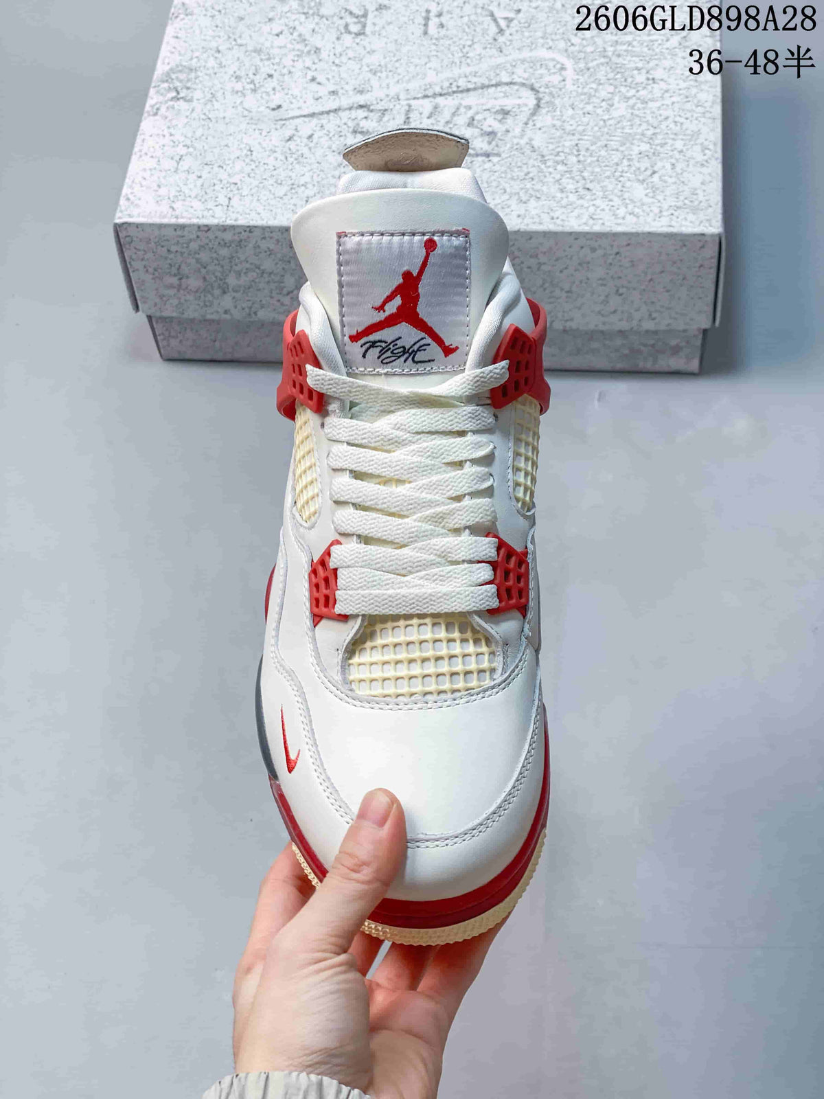 Jordan 4 Retro Mid Sneakers in White, Red and Grey