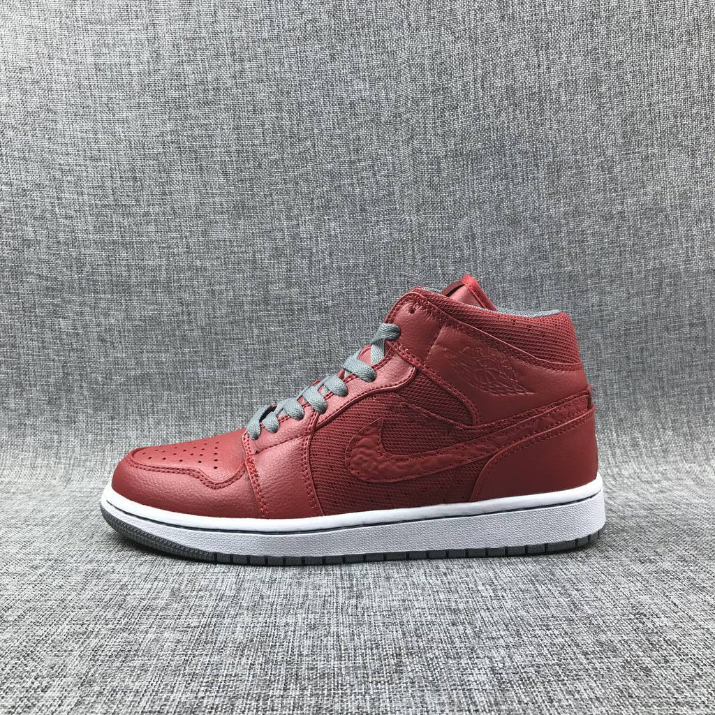 Jordan 1 Mid High-Top Sneakers in Red and Grey
