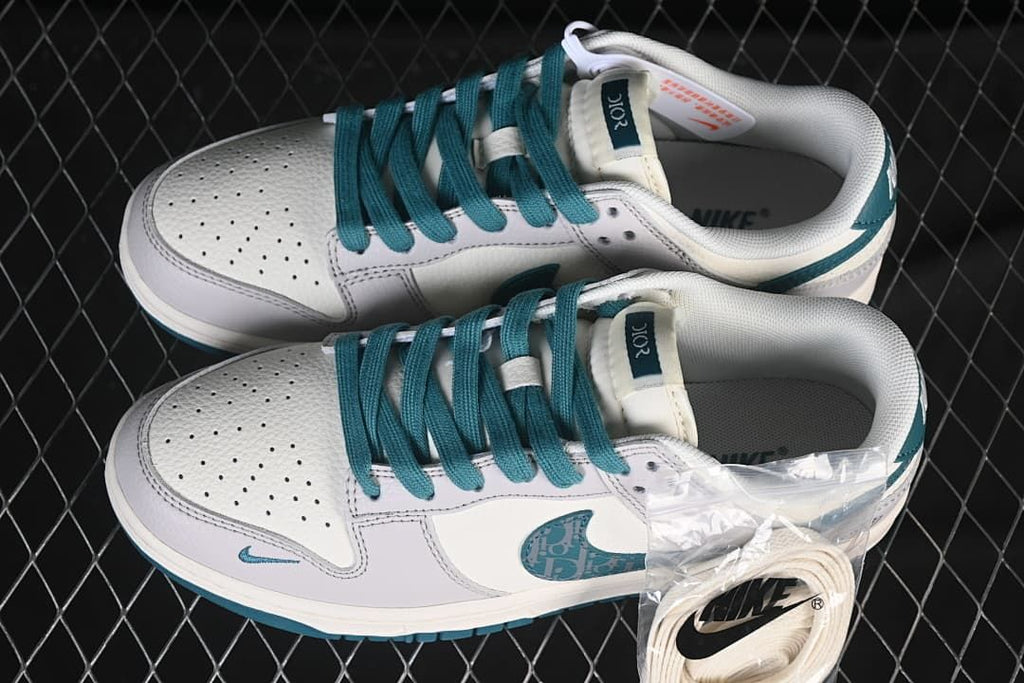 Nike SB Dunk Low Dior-Style White and Teal Sneakers