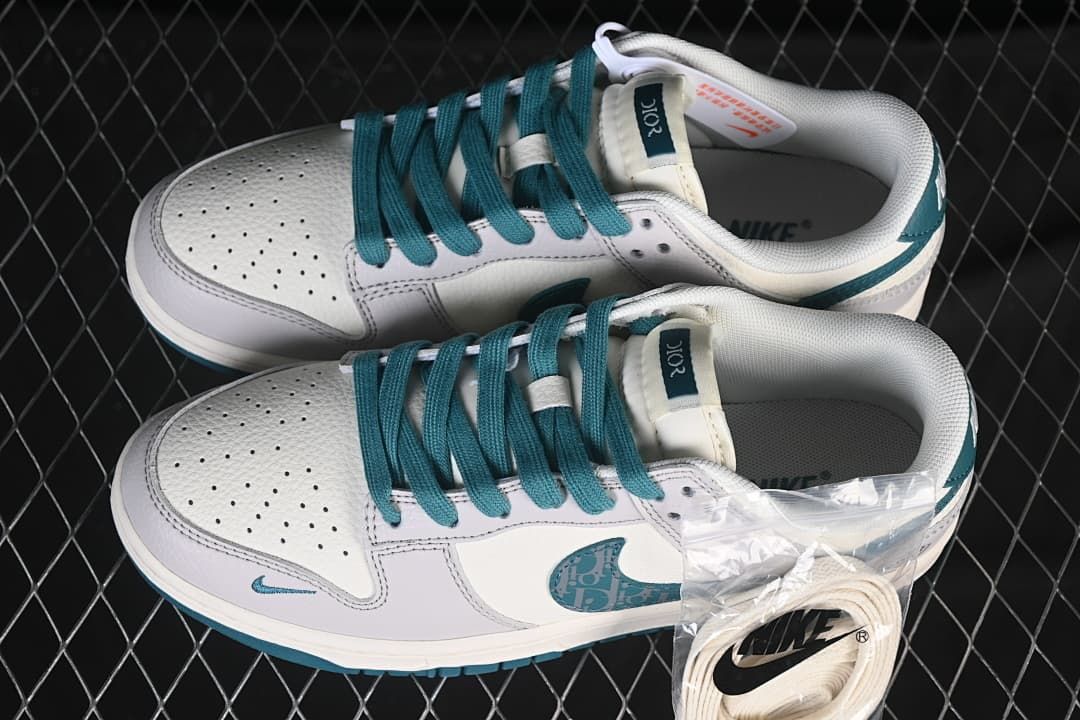 Nike SB Dunk Low Dior-Style White and Teal Sneakers
