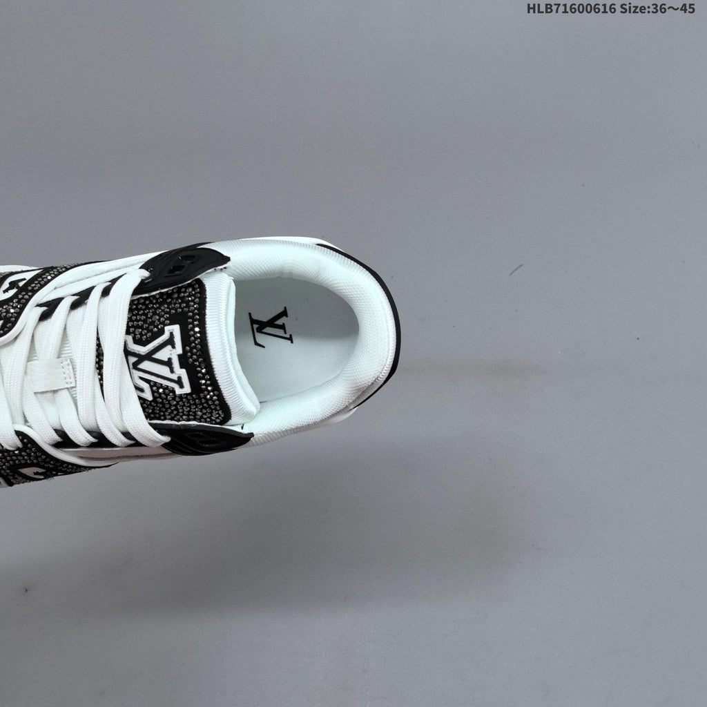 Louis Vuitton Trainer Sneakers in White and Black with Embellished Trim