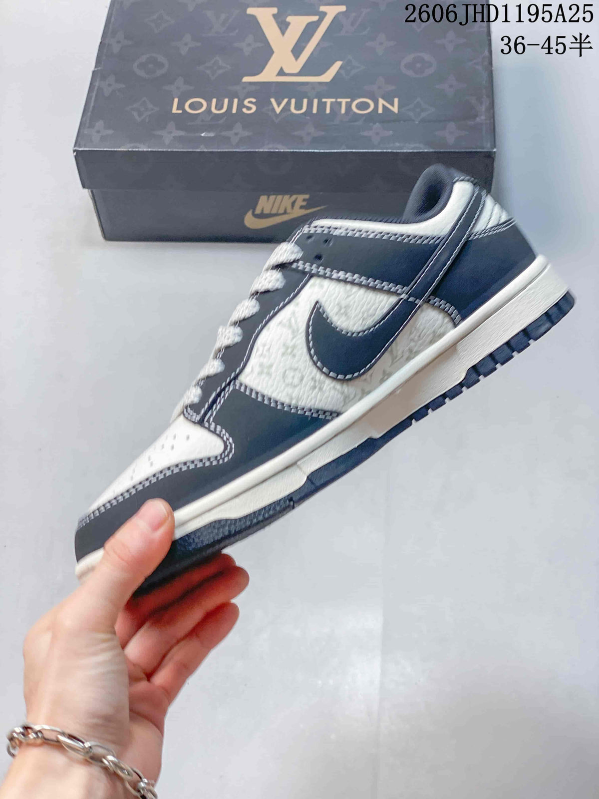 Nike Dunk Low Louis Vuitton Print-Panel Sneakers, Navy and White