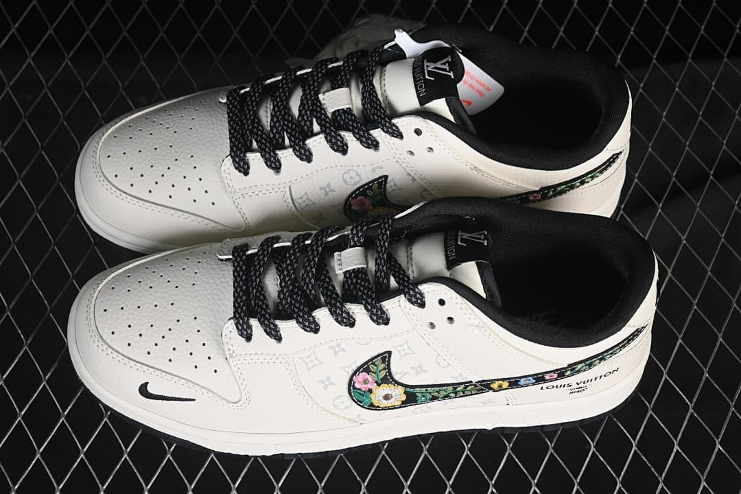Nike SB Dunk Low Cream and Black Floral Embroidered Sneakers