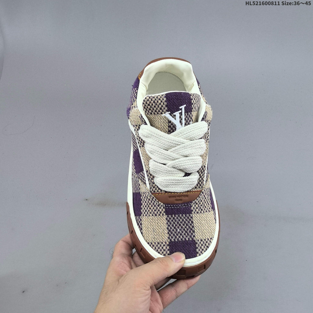 Louis Vuitton Trainer Low Sneaker in Purple and Beige Check