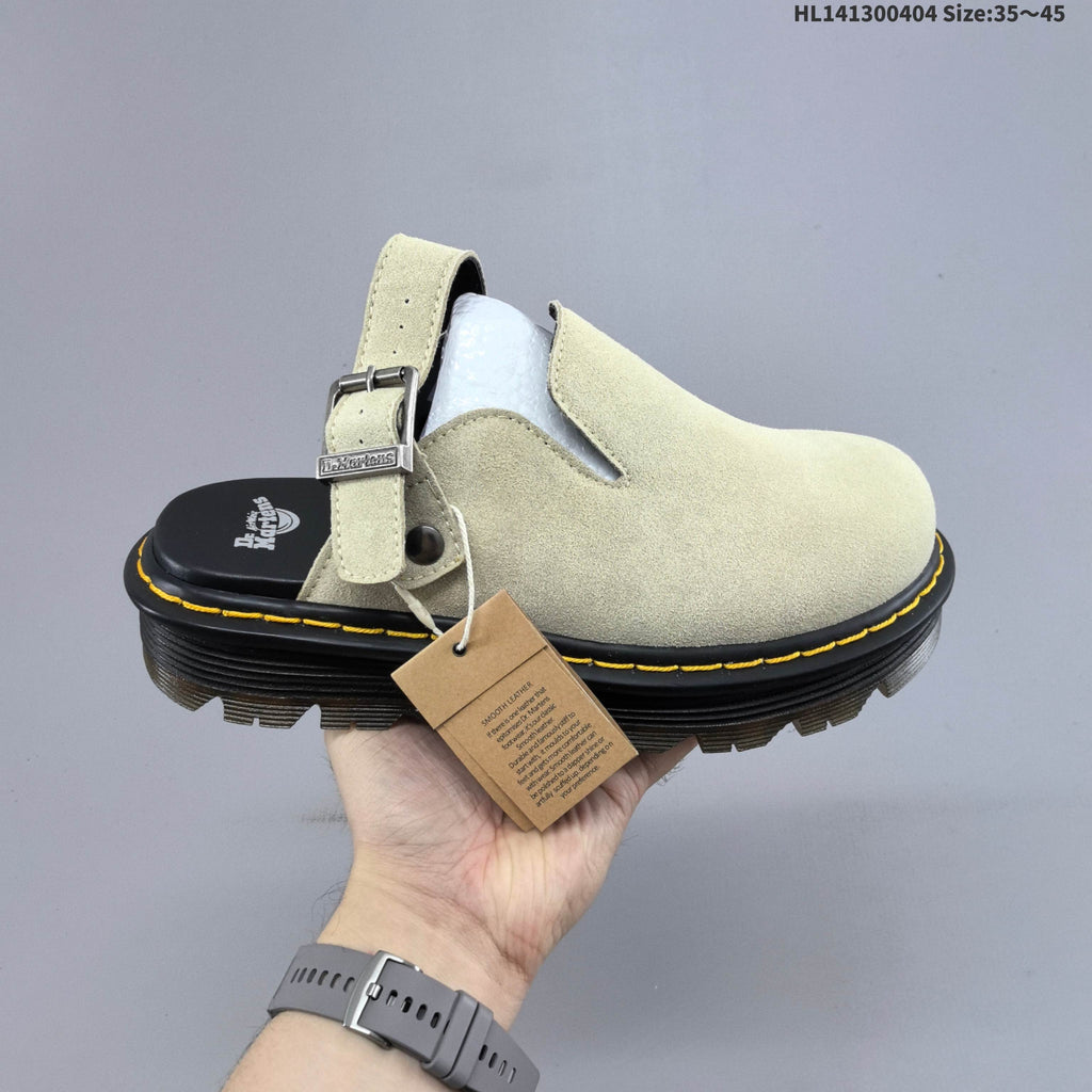 Dr. Martens Buckle-Strap Mule Clogs in Black and Sage