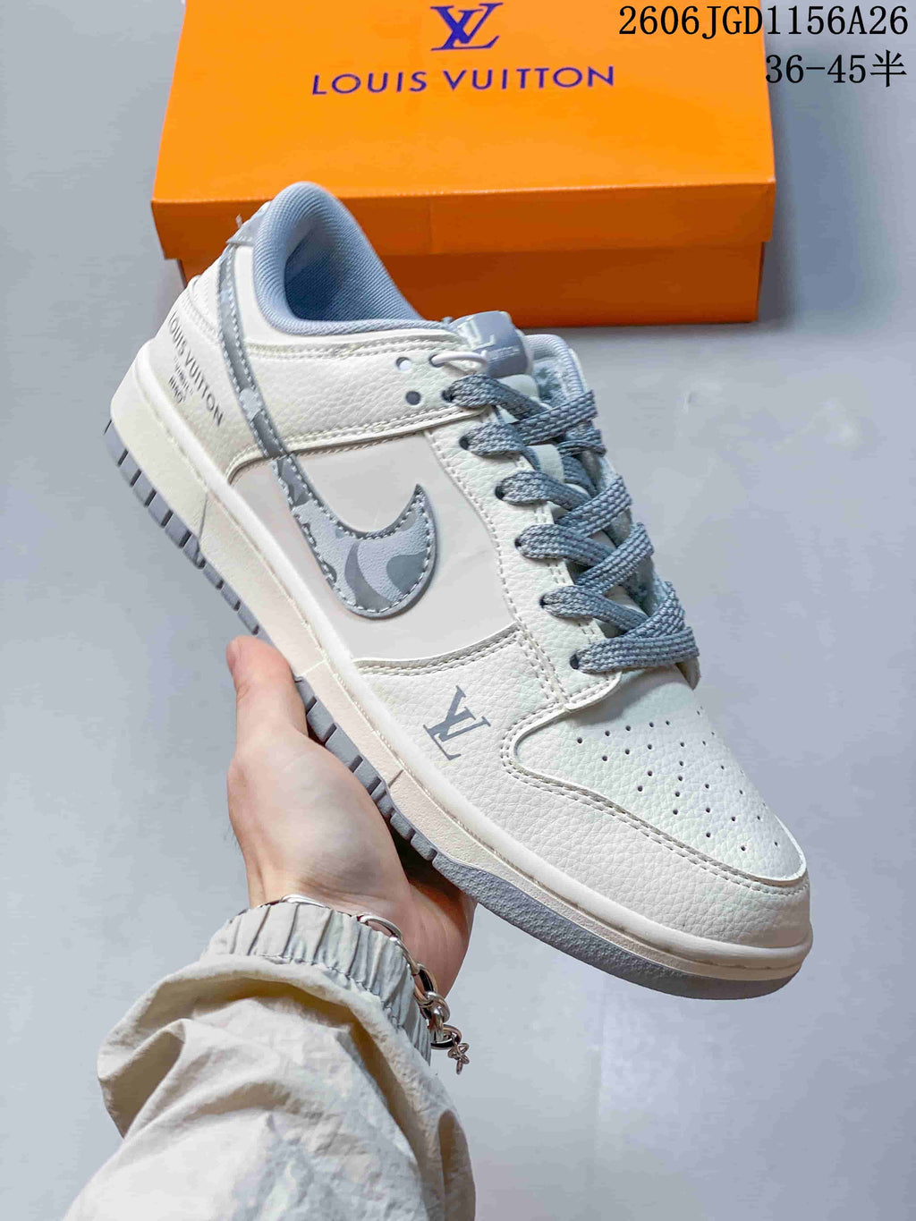 Nike Dunk Low Sneakers in White and Blue Monogram Style