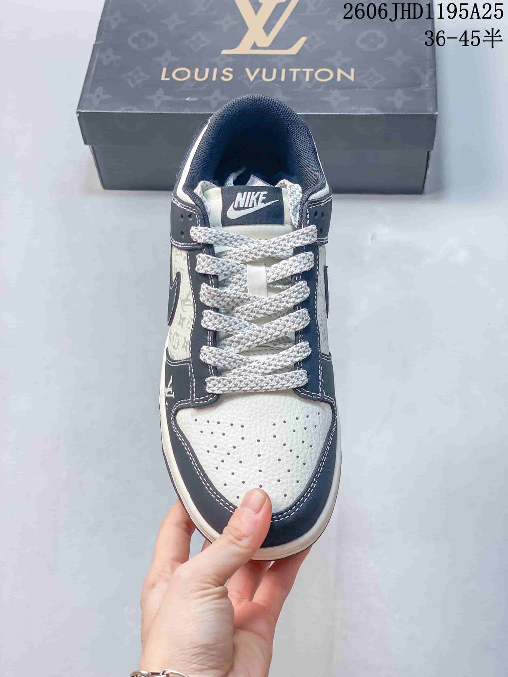 Nike Dunk Low Louis Vuitton Print-Panel Sneakers, Navy and White
