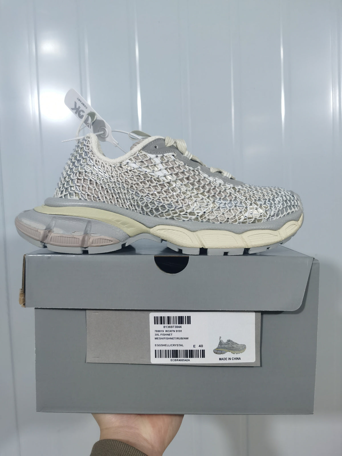 919135 Crystal Mesh Sneakers in Eggshell and Silver