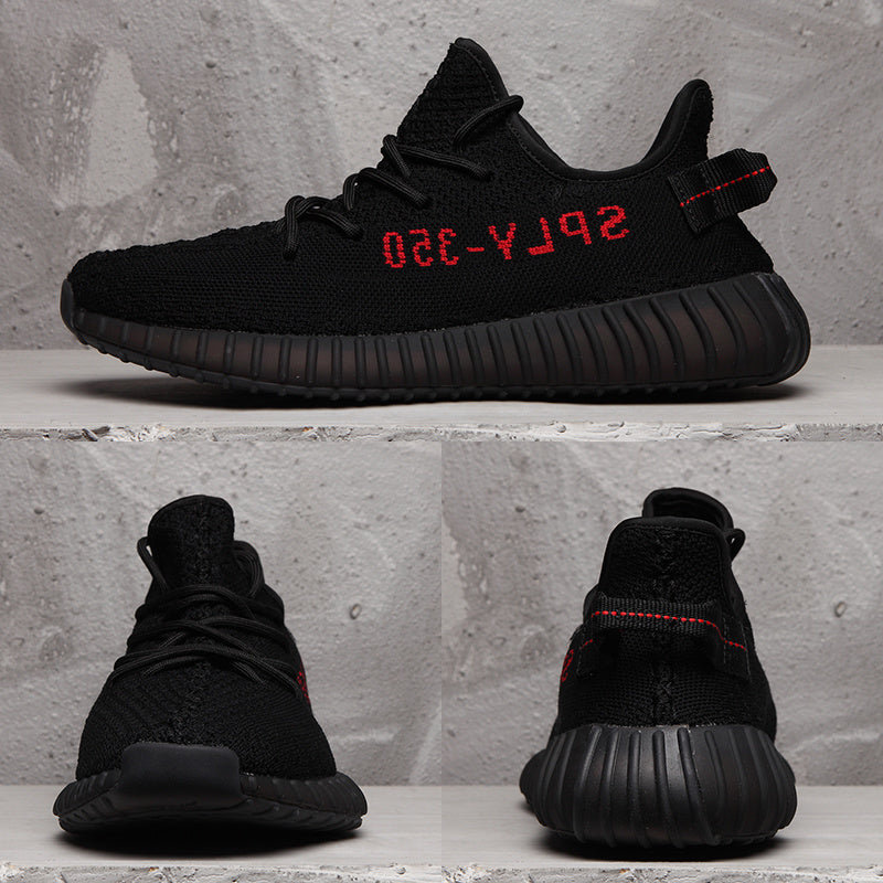 Yeezy Boost 350 V2 Black Knit Sneakers with Red Accents
