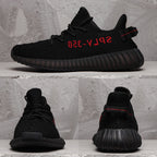 Yeezy Boost 350 V2 Black Knit Sneakers with Red Accents