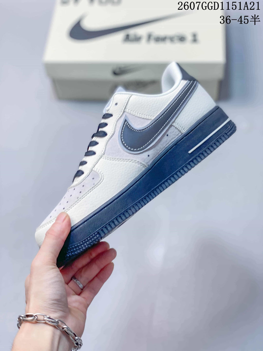 Nike Air Force 1 Low White and Navy Sneakers 2607GGD1151A21