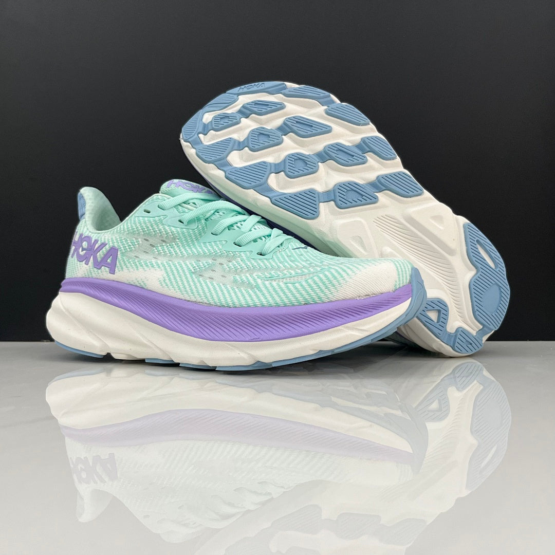 HOKA Clifton 9 Running Shoes, Mint Green and Purple