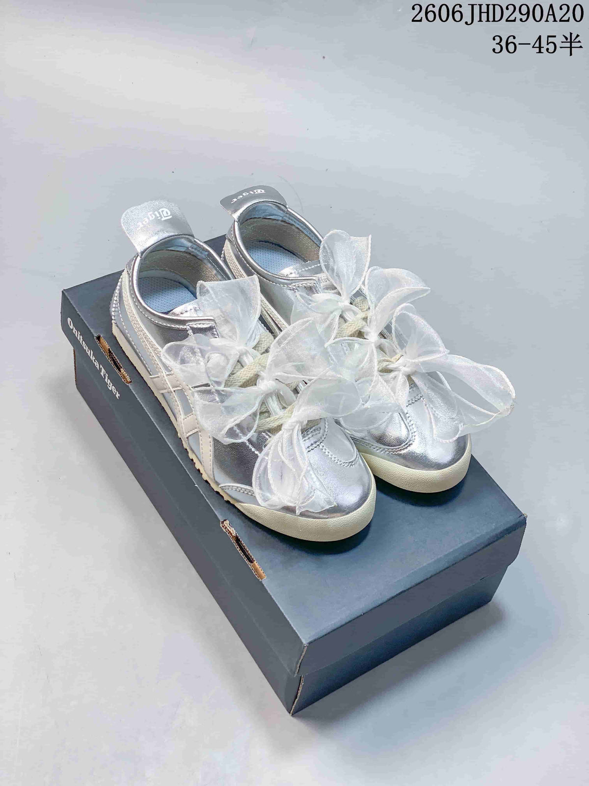 Onitsuka Tiger Silver Sneakers with Sheer Bow Laces