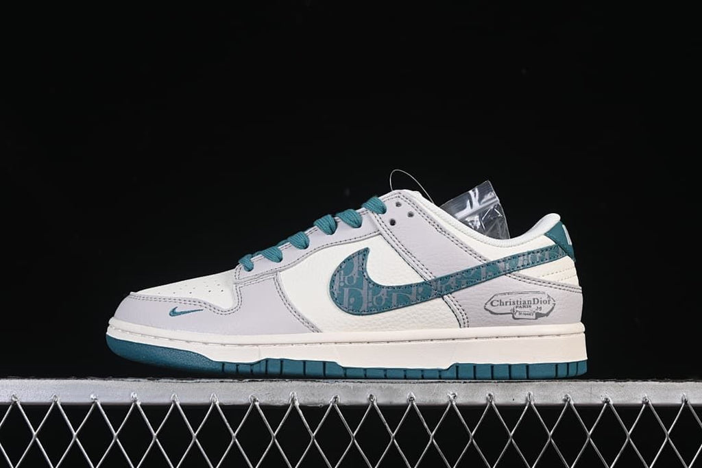 Nike SB Dunk Low Dior-Style White and Teal Sneakers