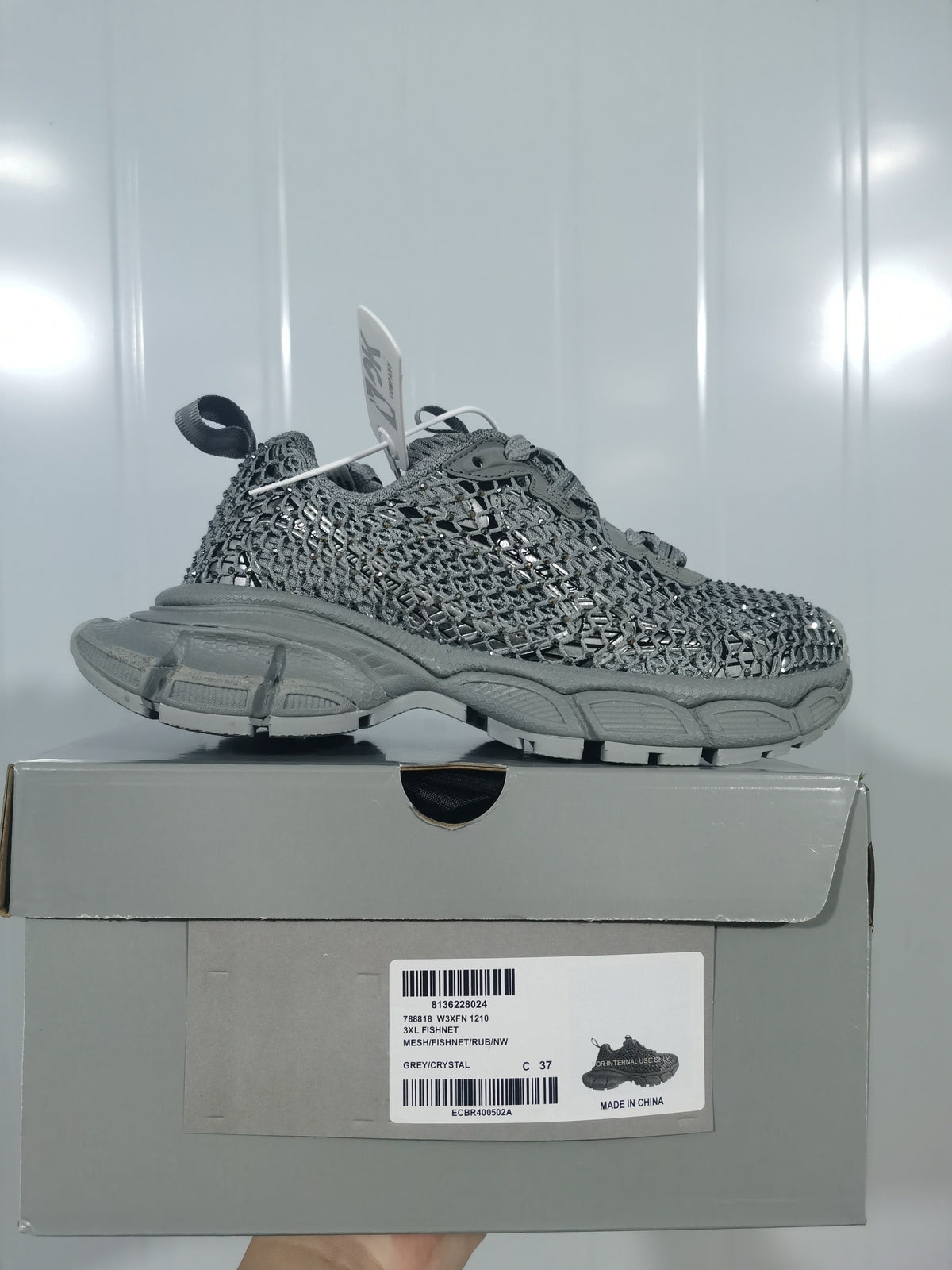 1210 Rhinestone Fishnet Sneakers in Grey/Crystal