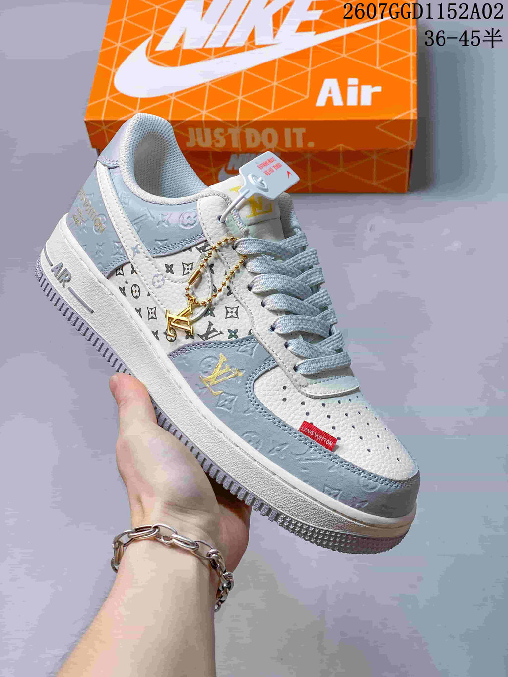 Nike Air Force 1 Low Monogram Sneakers in White and Grey
