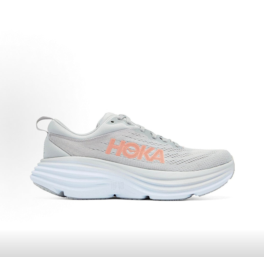 HOKA Bondi 8 Gray and Coral Running Sneakers