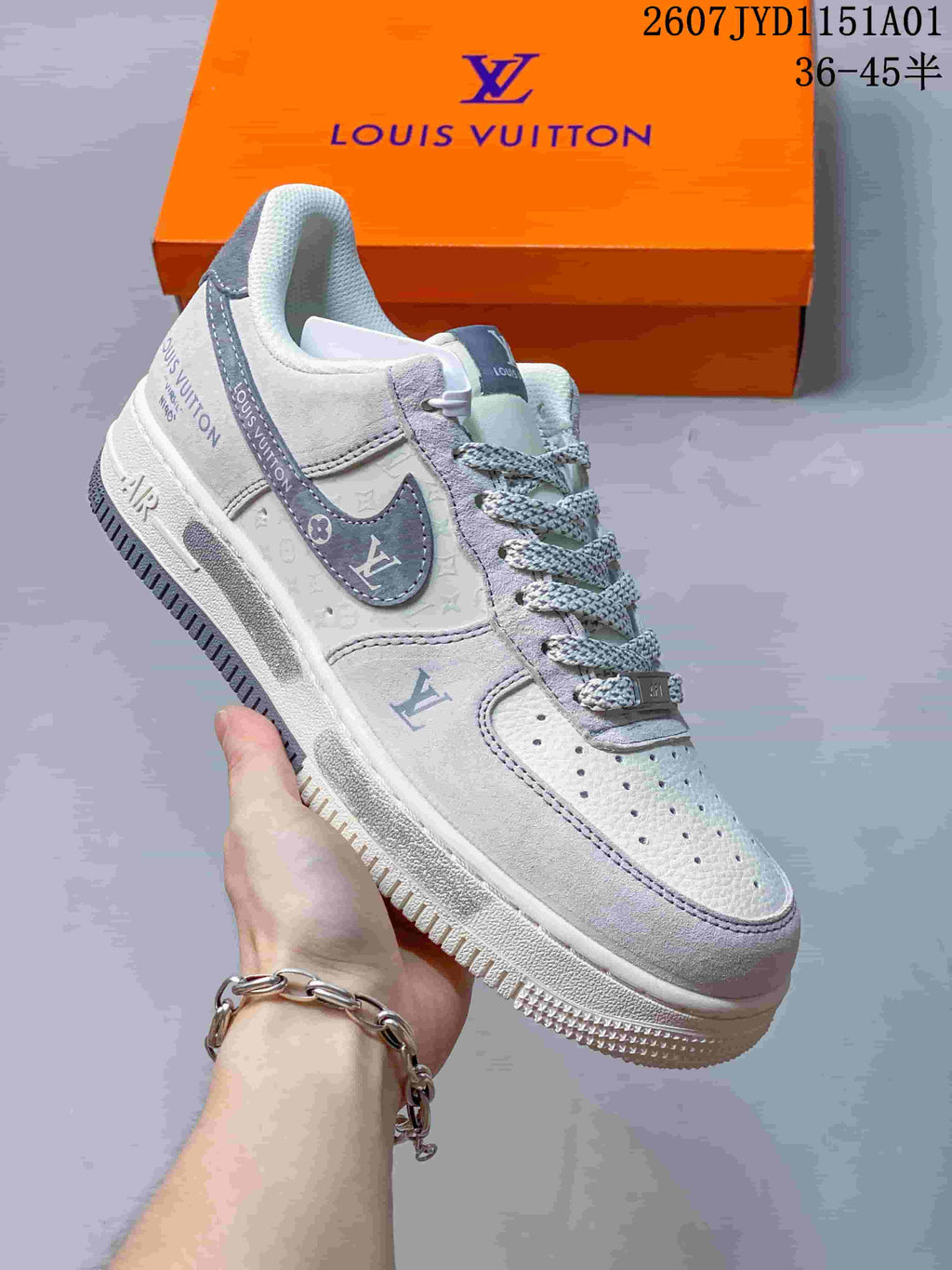 Nike Air Force 1 ’07 Low Monogram Sneakers, White and Navy