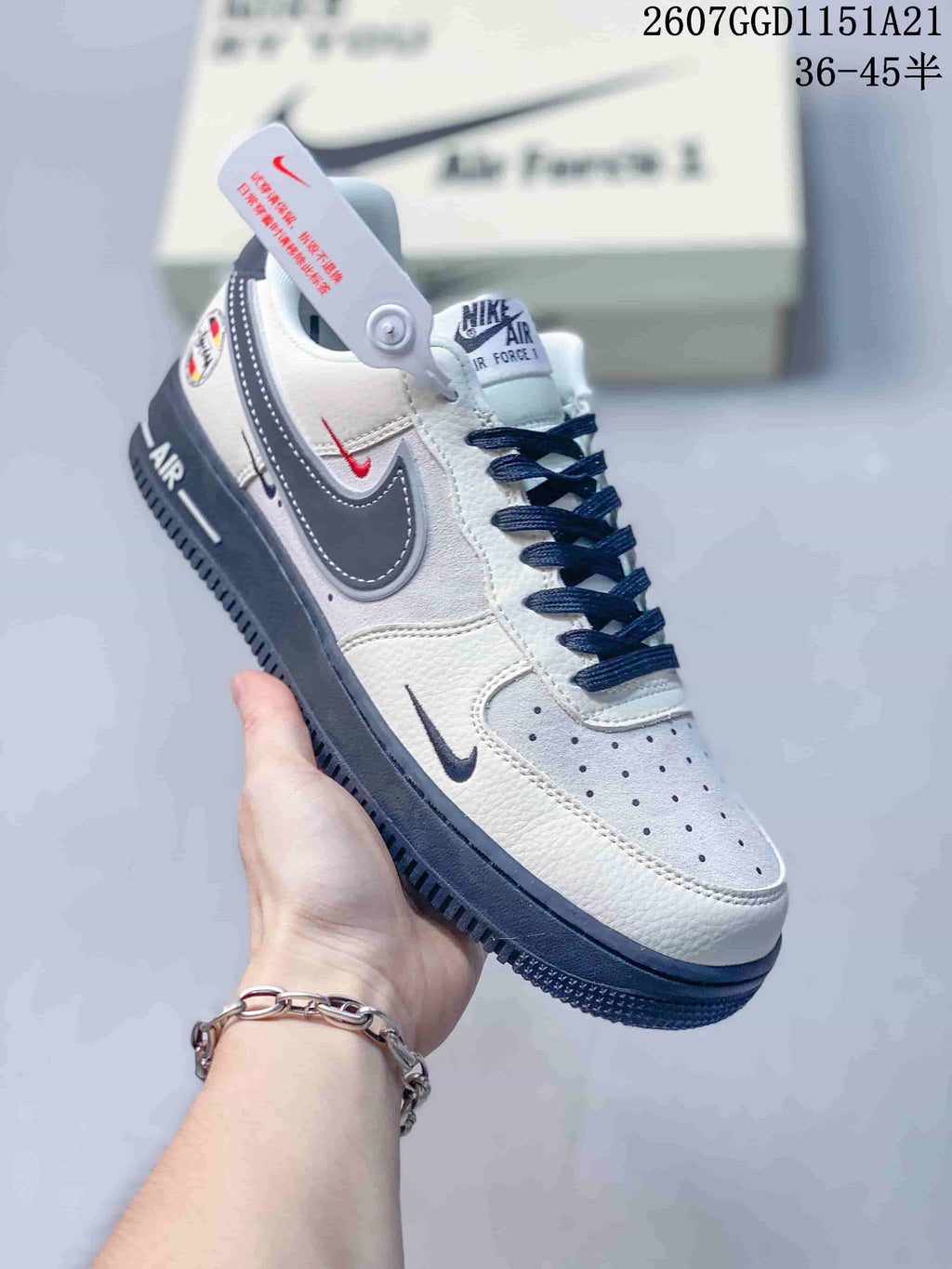 Nike Air Force 1 Low White and Navy Sneakers 2607GGD1151A21