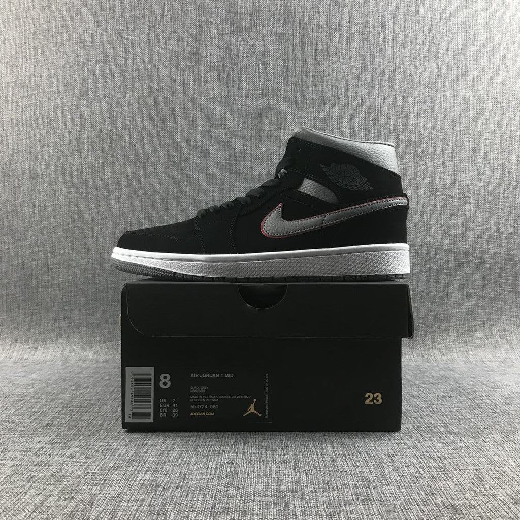 Air Jordan 1 Mid Black Grey Red Sneakers 554724-060