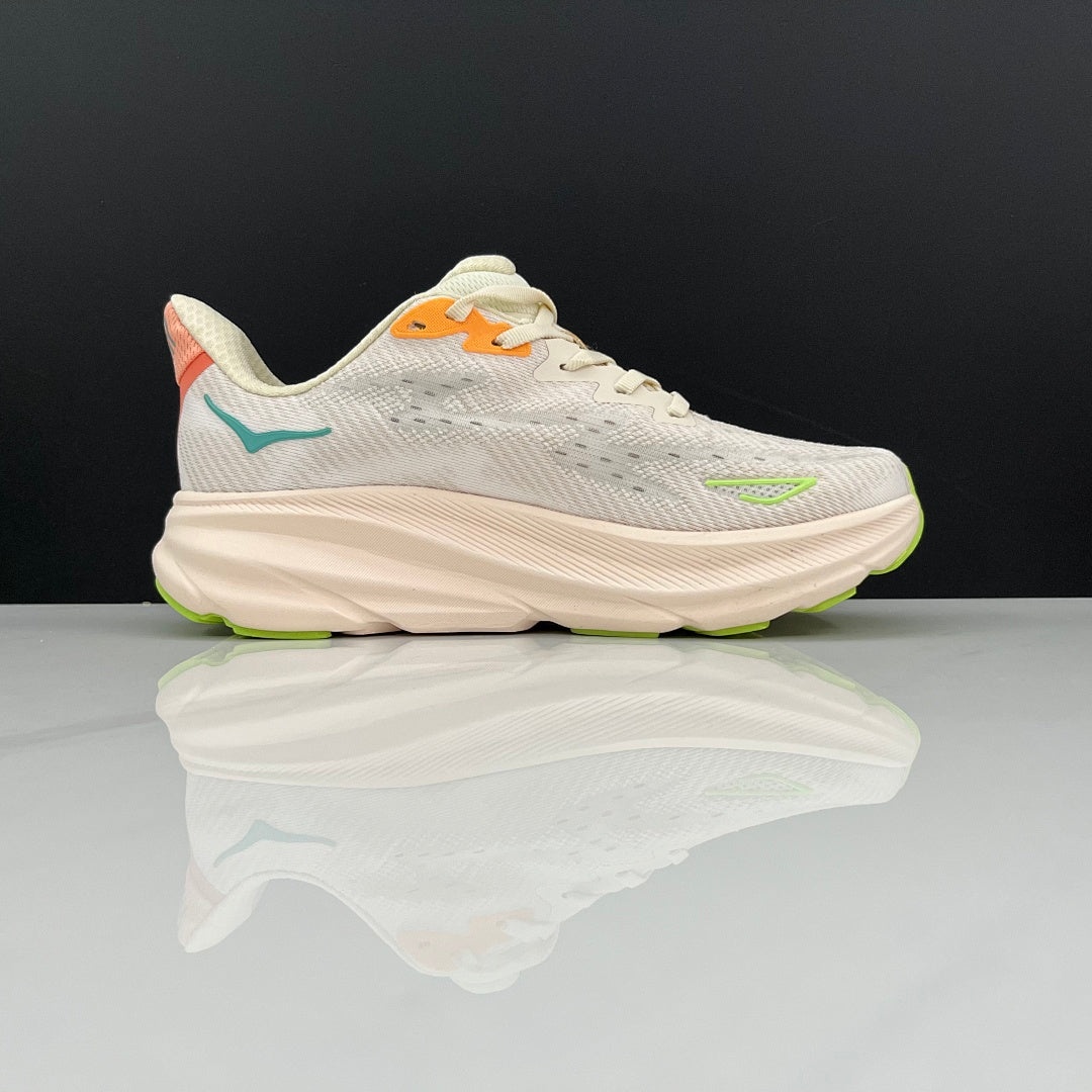 HOKA Clifton 9 Running Shoes in Cream and Green