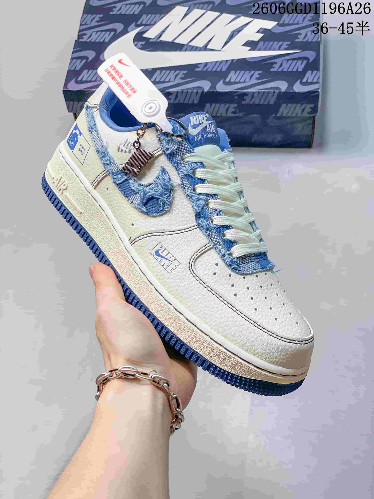Nike Air Force 1 Low White Blue Frayed Denim Sneakers