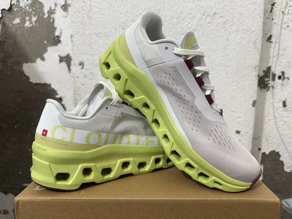 On Cloudmonster Running Shoes in Gray and Lime Green