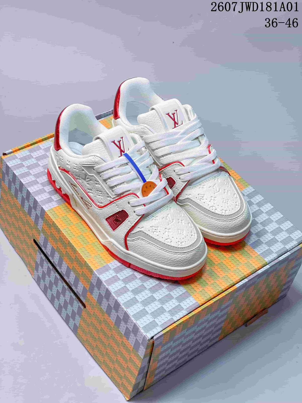 Louis Vuitton Trainer Low-Top Sneakers, White and Red