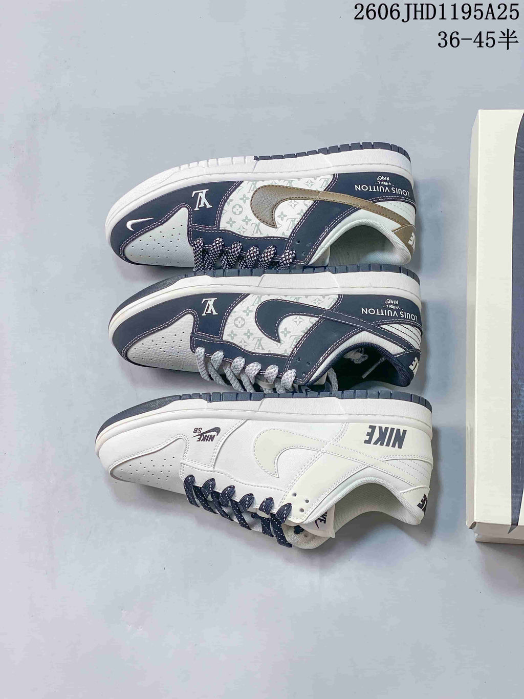 Nike Dunk Low Sneakers in White and Navy with Monogram Print