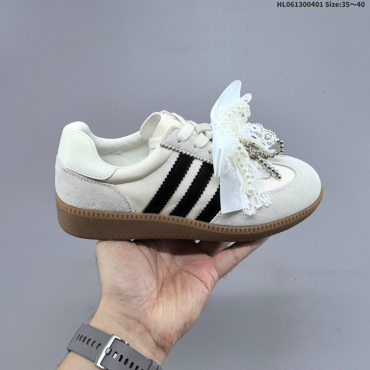 Ribbon and Pearl Bow Low-Top Sneakers